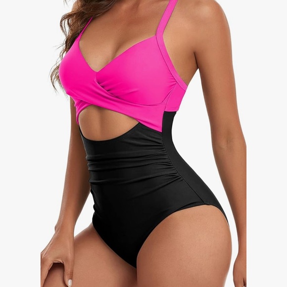 Pink and Black One Piece Swimsuit with Cross-Back Design XS - Picture 2 of 6